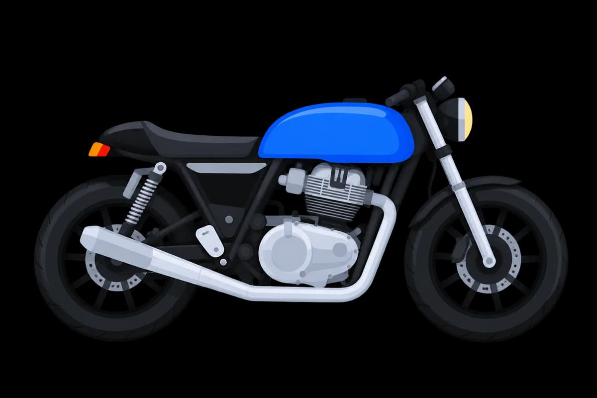 Illustration minimaliste d’un roadster bleu de style café racer, avec un phare rond